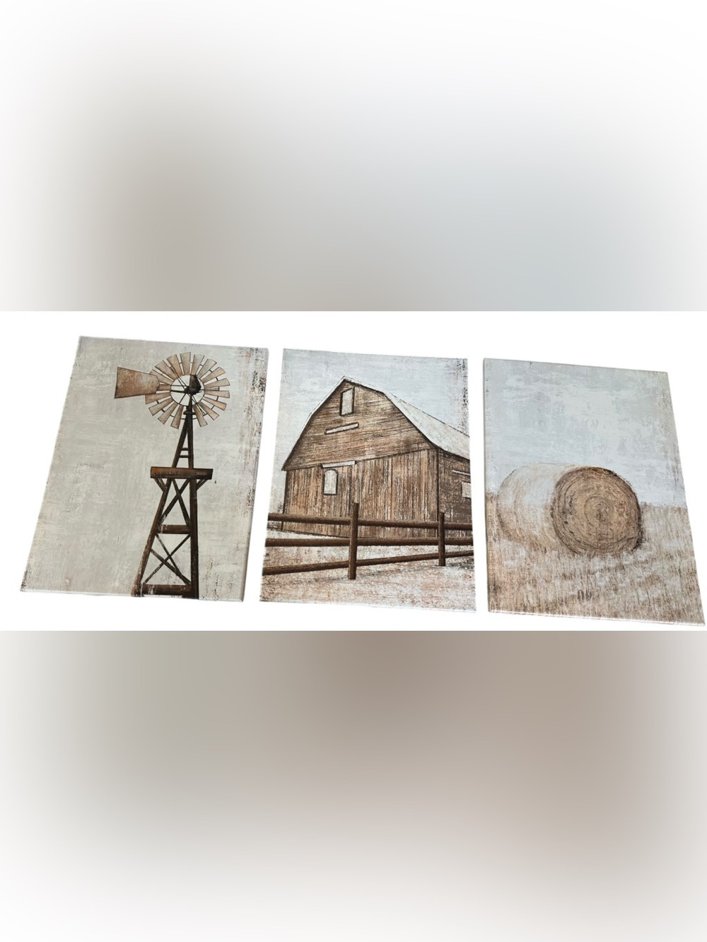 Rustic Farmhouse Canvas Wall Art Set 3 Windmill Barn Hay Bale 12x16